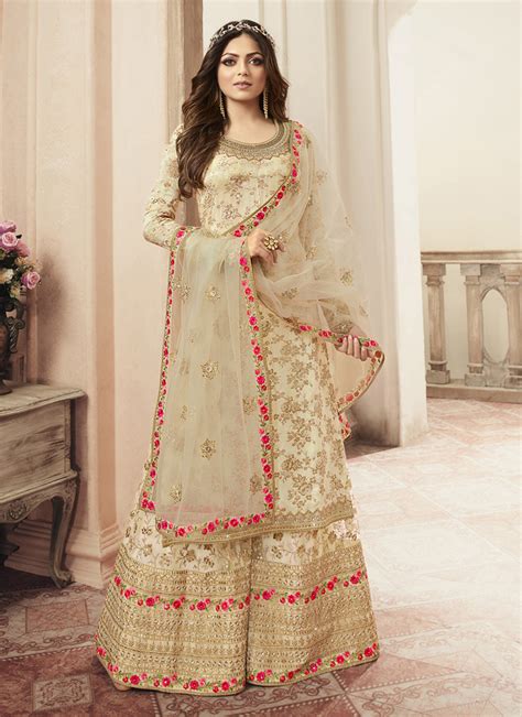 Buy Cream Embroidered Jacquard Salwar Kameez Online