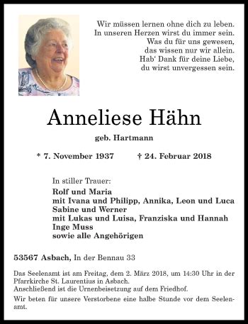 Traueranzeigen von Anneliese Hähn rz trauer de