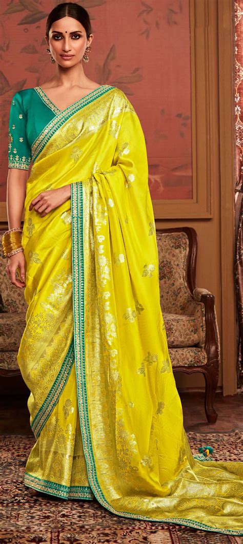 Bridal Traditional Wedding Yellow Color Dolla Silk Silk Fabric Saree