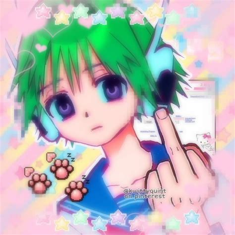 An Anime Character With Green Hair And Blue Eyes Pointing To The Side