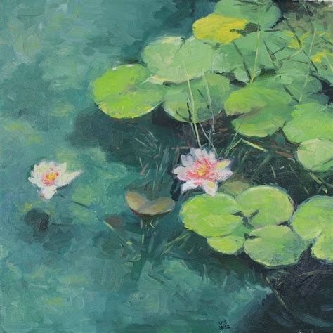 an oil painting of water lilies and lily pads