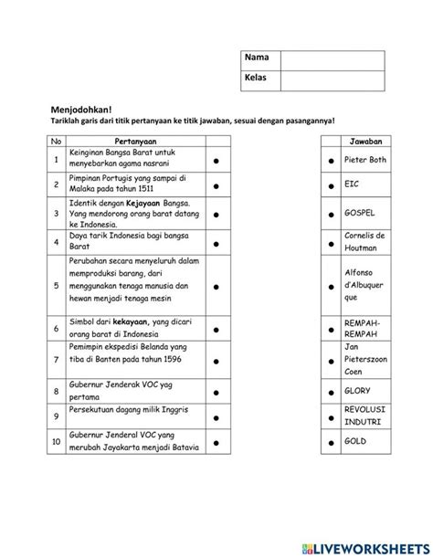 Soal Menjodohkan Tentang Kedatangan Bangsa Barat Interactive Worksheet