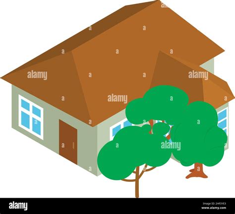 Suburban House Icon Isometric Vector One Storey Building And Deciduous