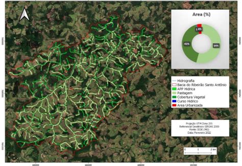 Mapa indicando as Áreas de Preservação Permanente na bacia do Ribeirão