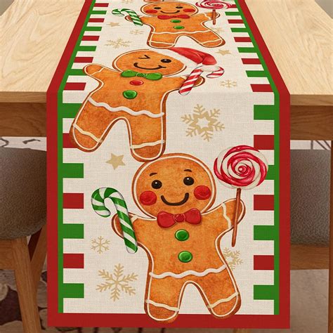 Seliem Christmas Gingerbread Man Table Runner Green Red Xmas Santa