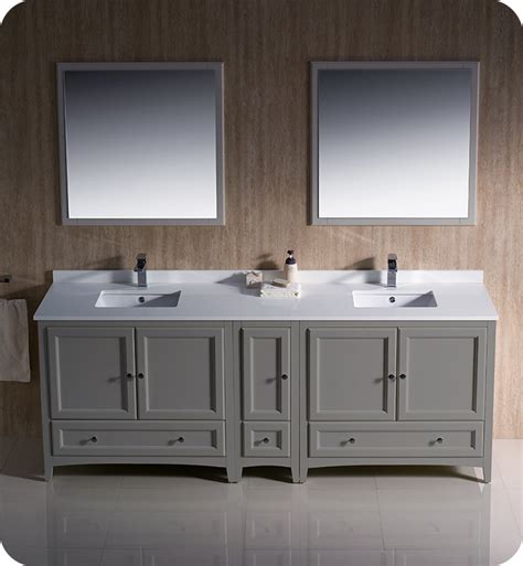 84 Grey Traditional Double Sink Bathroom Vanity With Top Sink Faucet And Linen Cabinet Option