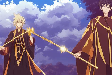 Anime Wizard With Golden Staff And Robe · Creative Fabrica