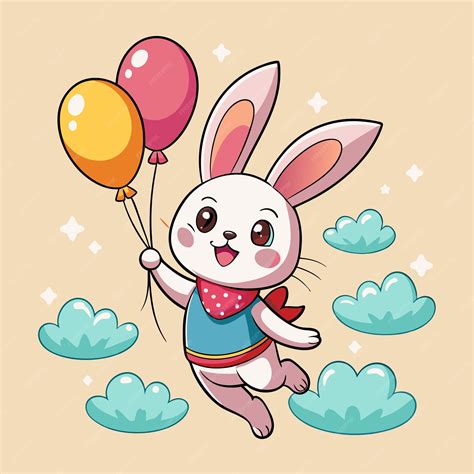 Bunny Flying with Balloons Cartoon Badge Design | Premium AI-generated vector