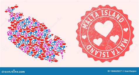 Composition Of Smile Map Of Malta Island And Grunge Heart Stamp Stock