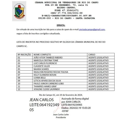 ERRATA Lista de Inscritos do Processo Seletivo Simplificado nº 01 2024