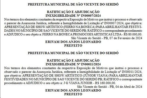 Prefeitura de São Vicente do Seridó contrata mais de R 700 mil em