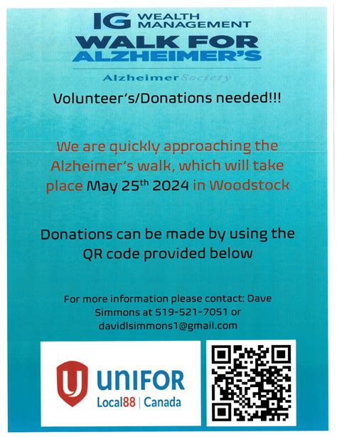 WALK FOR ALZHEIMER’S May 25th 2024 - Unifor Local 88