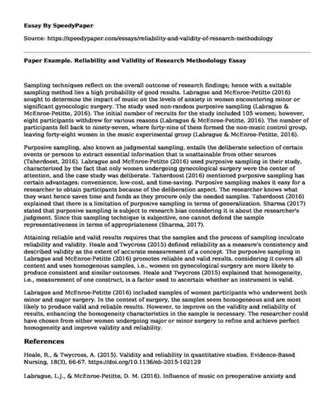 📌 Paper Example Reliability And Validity Of Research Methodology