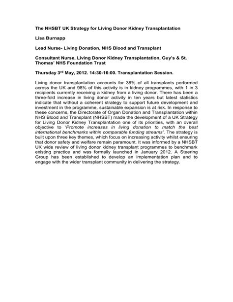 The NHSBT UK Strategy For Living Donor Kidney Transplantation