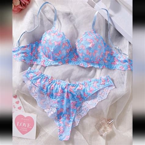 Intimates Sleepwear 2pcs Women Sexy Lingerie Set Blue Mesh Bra Panty Set With Butterfly