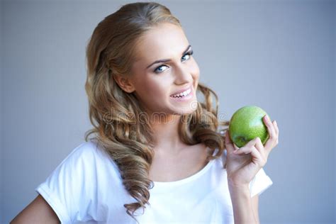 Healthy Mature Woman Exercise Green Apple Isolated On White Back Stock