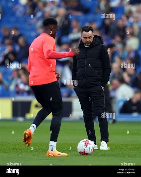 Brighton And Hove Albion Manager Roberto De Zerbi Watches The Pre Match