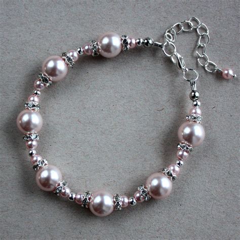 Silver Blush Pink Pearl Necklace Bracelet Earrings Wedding Bridal