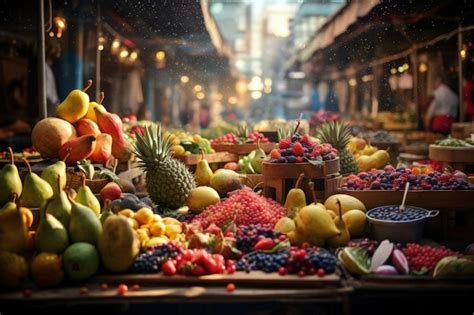 Premium AI Image Vibrant Street Market With Exotic Fruits Generative AI