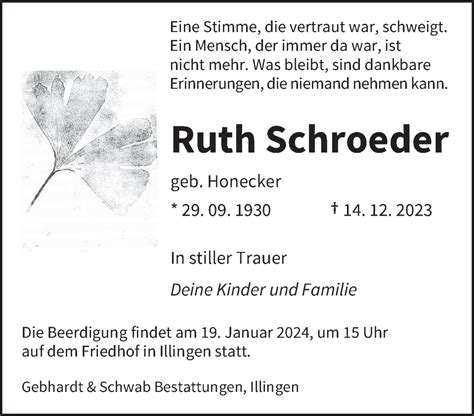 Traueranzeigen Von Ruth Schroeder Saarbruecker Zeitung Trauer De