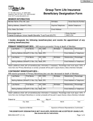 Fillable Online Group Life Beneficiary Designation Form Docx Fax Email