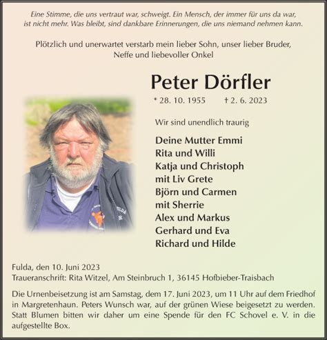 Traueranzeigen von Peter Dörfler trauer36 de