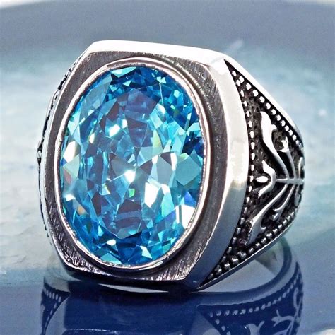 925 Sterling Silver Mens Ring Swiss Blue Topaz Unique Handmade Jewelry