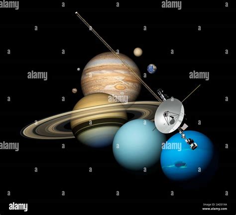 Voyager 2 and planets, illustration. Voyager 2 is the only space probe ...