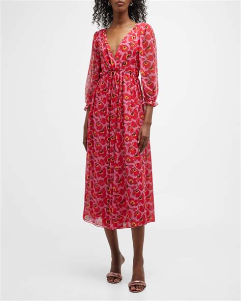 Carolina Herrera Plunging Floral Print Waist Tie Midi Dress Neiman Marcus