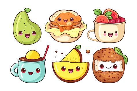 Kawaii Nourriture Personnages Dessin Animé Petit Déjeuner Repas Isolés