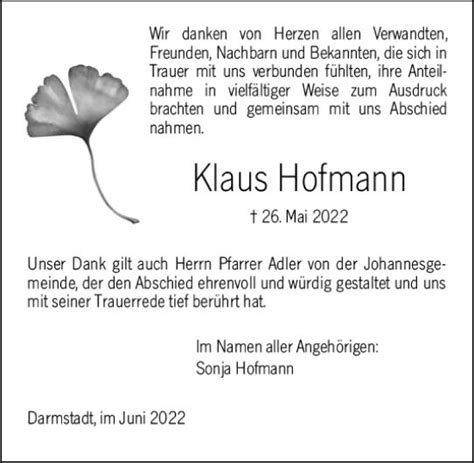 Traueranzeigen Von Klaus Hofmann Vrm Trauer De