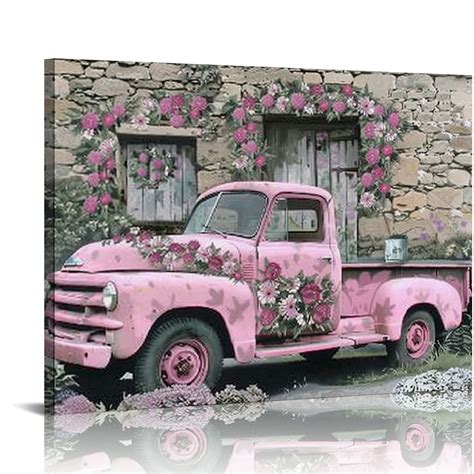 COMIO Vintage Truck Picture Wall Decor Farmhouse Wall Art Pink Truck