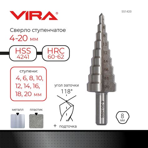 Сверло ступенчатое по металлу с трехгранным хвостовиком 4-20 мм VIRA ...