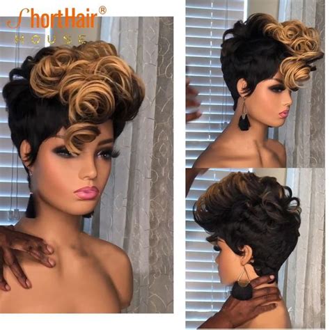 Ombre Blonde Short Curly Bob Pixie Cut Wig Full Machine Made No Lace Human Hair Wigs With Bangs