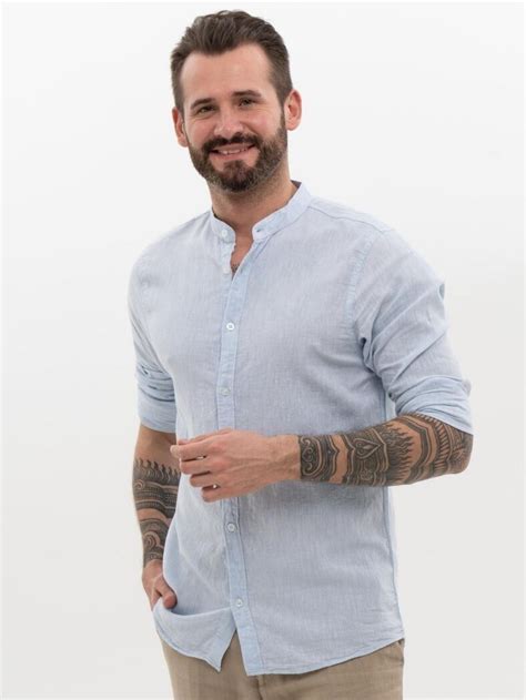 Рубашка мужская льняная летняя пляжная Figo, серый с горлом стойка ...