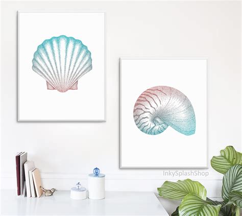 Set Of Seashell Dotwork Prints Coastal Printable Wall Art Nautical