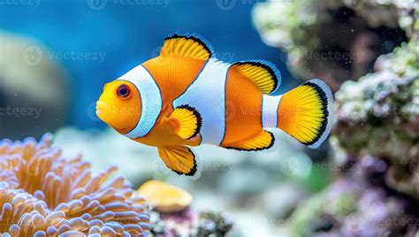 ocellaris clownfish swimming   coral reef aquarium  stock