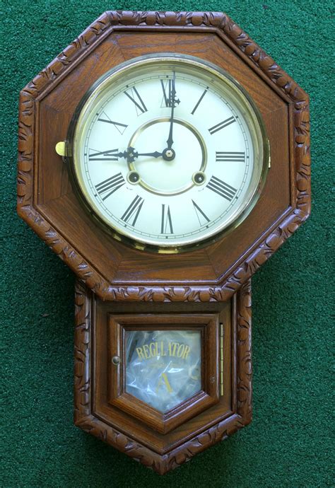 Lot Detail Oak Regulator A Wall Clock With Key And Pendulum Clock Measures 20 Long By 12