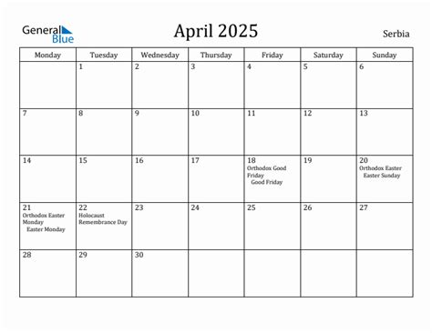 April 2025 - Serbia Monthly Calendar with Holidays