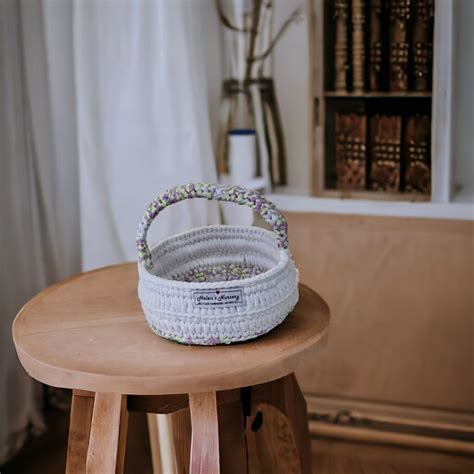 Round Crocheted Storage Basket With Handle Helen S Nursery