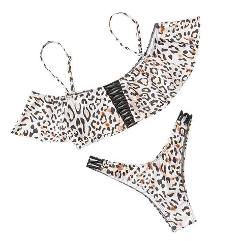 Sexy Off Shoulder Leopard Braziliaanse Bikini Twee Stuk Thong Badpak