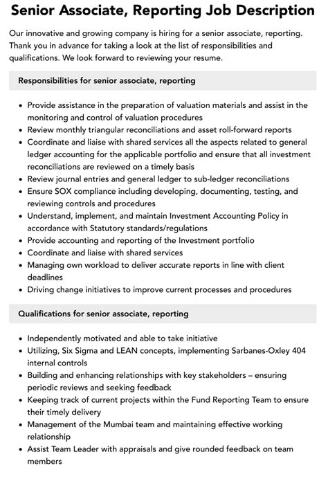 Senior Associate Reporting Job Description Velvet Jobs