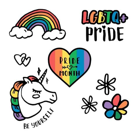 Premium Vector Lgbt Doodle Set Rainbow Unicorn Pride Month Hearts And Flowers Vector Illustration