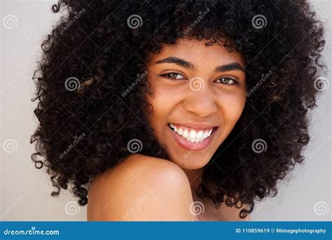 Close Up Cheerful Young African American Woman With Curly Hair Stock