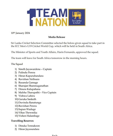 U 19 Sri Lanka Squad For The World Cup Announced Newswire