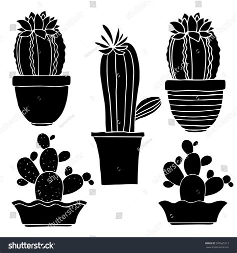 Cacti Hand Drawn Black Silhouettes Set Succulents Potted Plants