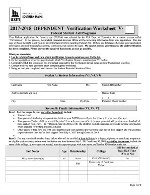 Fillable Online Usm Maine 2017 2018 Dependent Verification Worksheet