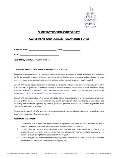 Fillable Online GISNY INTERSCHOLASTIC SPORTS AGREEMENT AND Fax