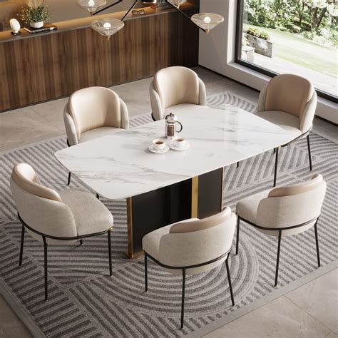 Lagom Faux Marble Dining Table And Leather Fabric Chairs