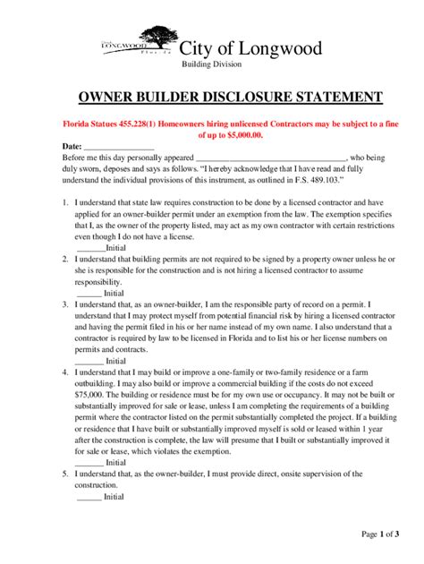 Fillable Online OWNER BUILDER Disclosure Statement Notary Public Fax